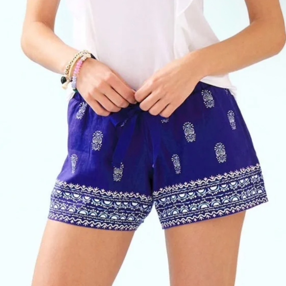 Lilly Pulitzer Arey Shorts 100% Linen Pull-On Large Lapis Lazuli Lovely Lanterns